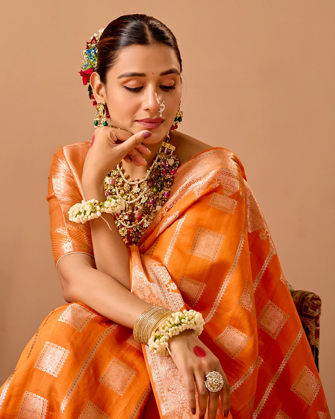 Orange Banarasi Saree with Regal Geometric Zari Weaves