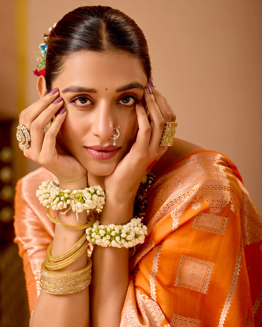 Orange Banarasi Saree with Regal Geometric Zari Weaves