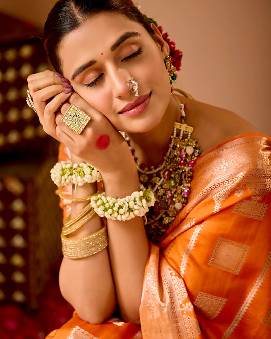 Orange Banarasi Saree with Regal Geometric Zari Weaves