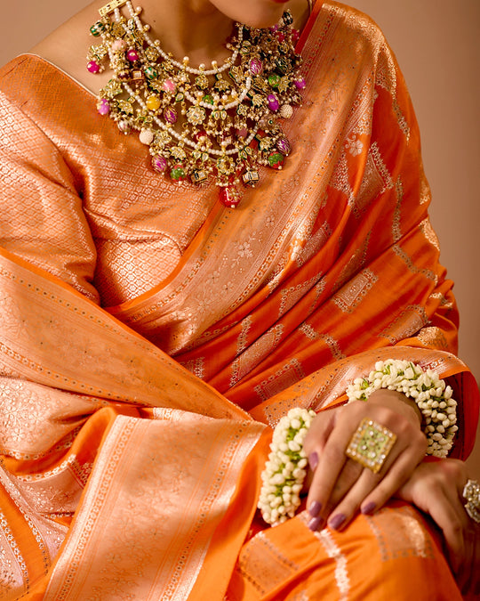 Orange Banarasi Saree with Regal Geometric Zari Weaves