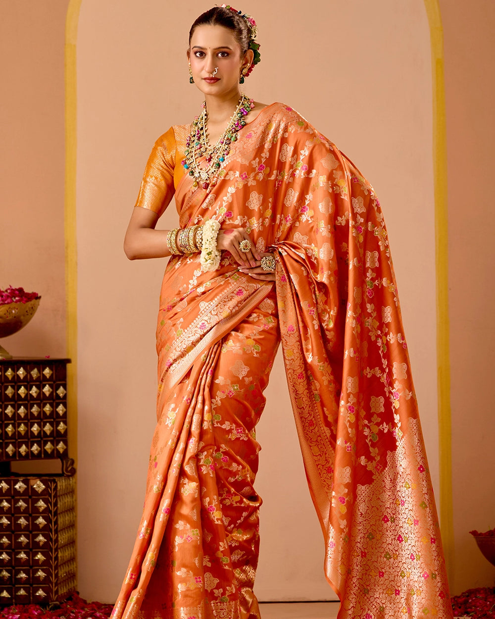 Orange Banarasi Saree with Regal Meenakari Weaves