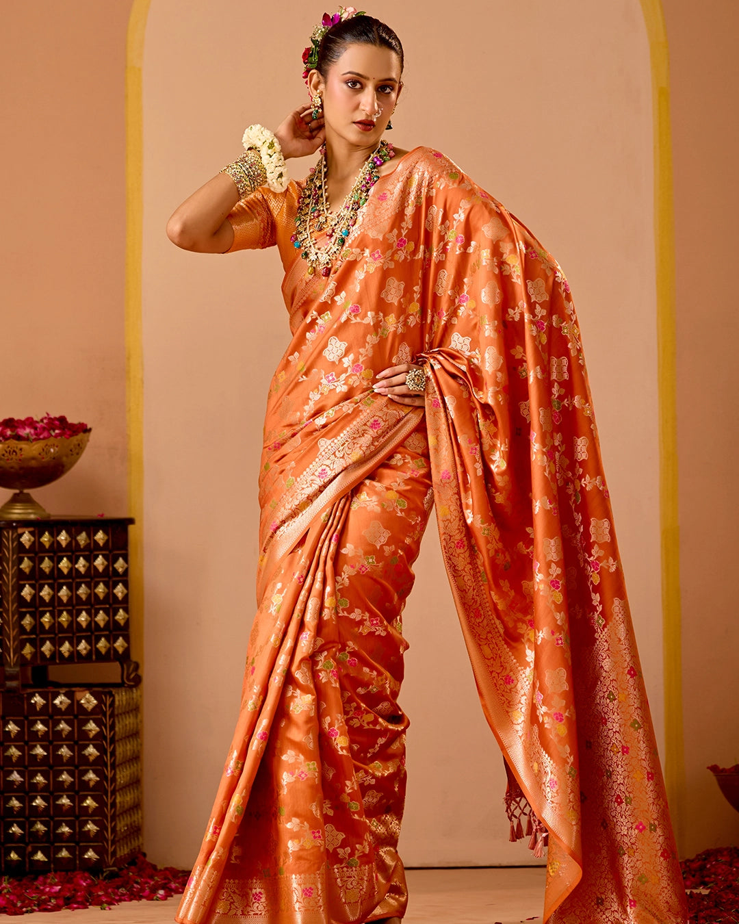 Orange Banarasi Saree with Regal Meenakari Weaves