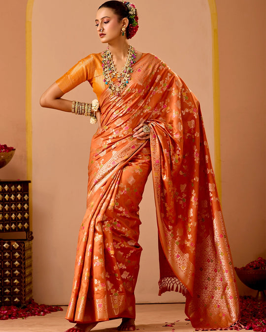 Orange Banarasi Saree with Regal Meenakari Weaves