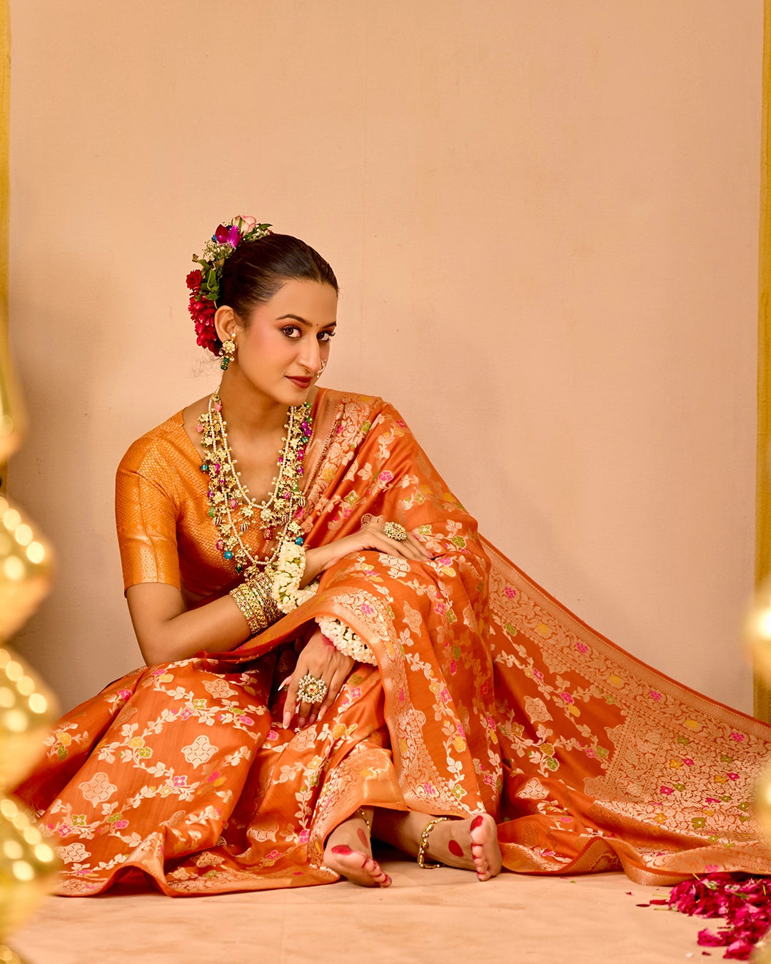 Orange Banarasi Saree with Regal Meenakari Weaves