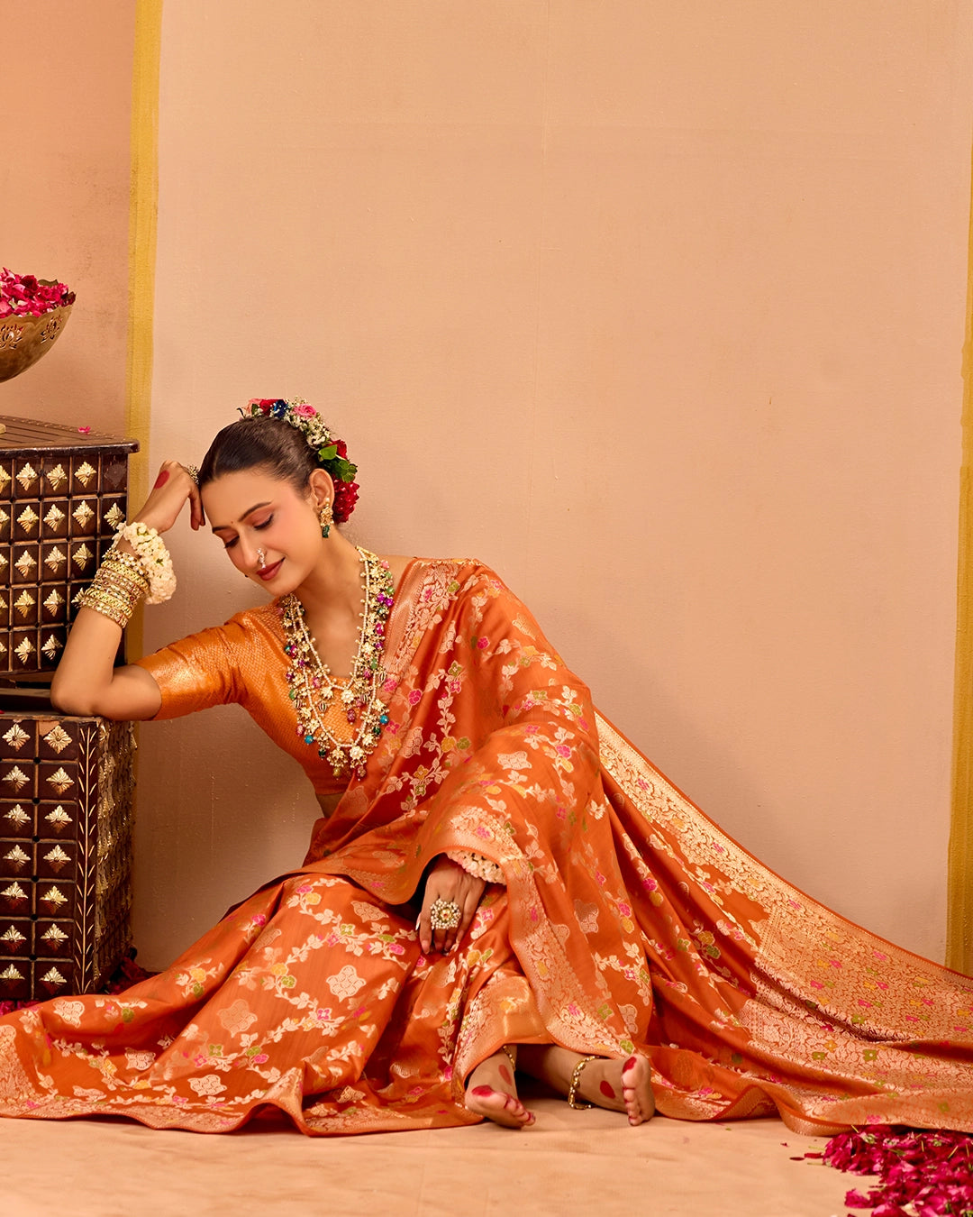 Orange Banarasi Saree with Regal Meenakari Weaves