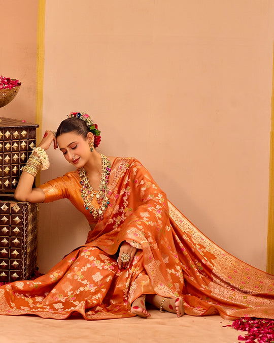 Orange Banarasi Saree with Regal Meenakari Weaves