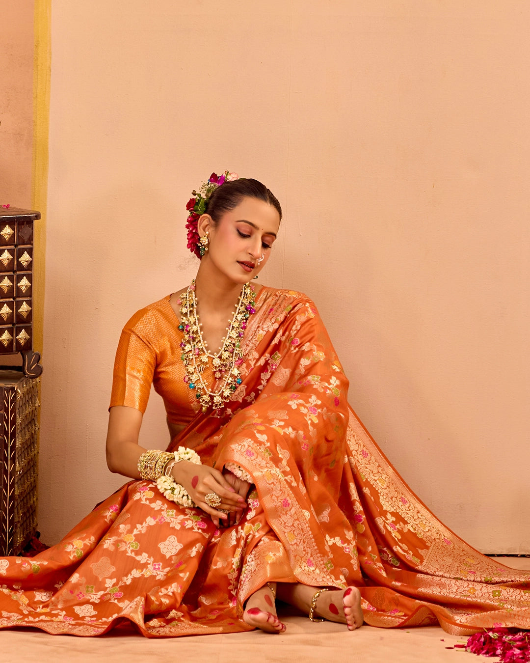 Orange Banarasi Saree with Regal Meenakari Weaves