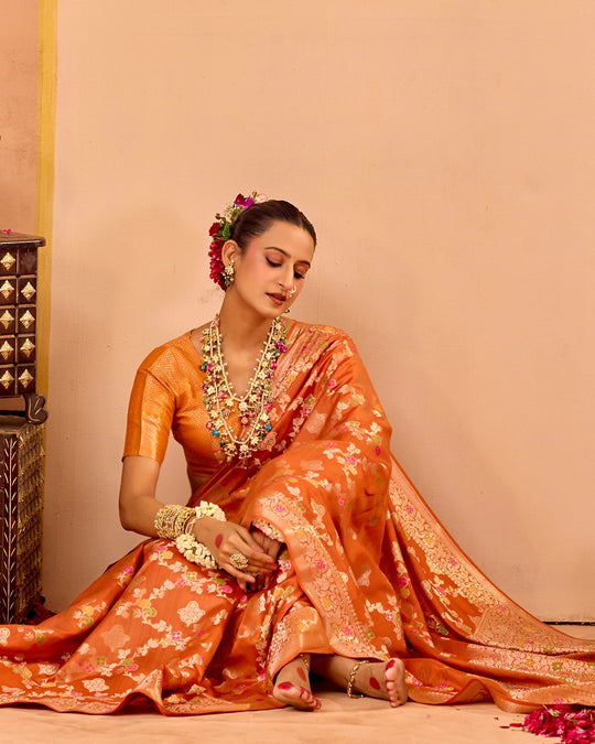 Orange Banarasi Saree with Regal Meenakari Weaves
