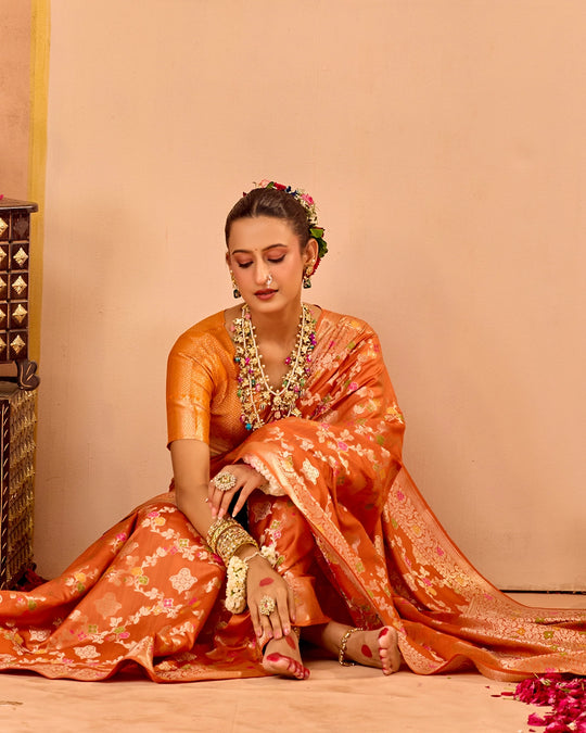 Orange Banarasi Saree with Regal Meenakari Weaves