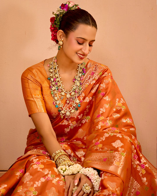 Orange Banarasi Saree with Regal Meenakari Weaves