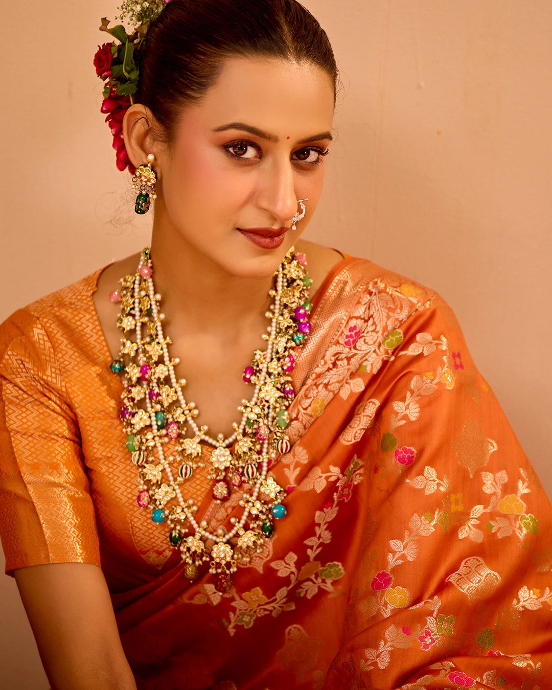 Orange Banarasi Saree with Regal Meenakari Weaves