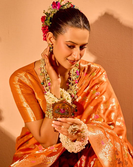 Orange Banarasi Saree with Regal Meenakari Weaves