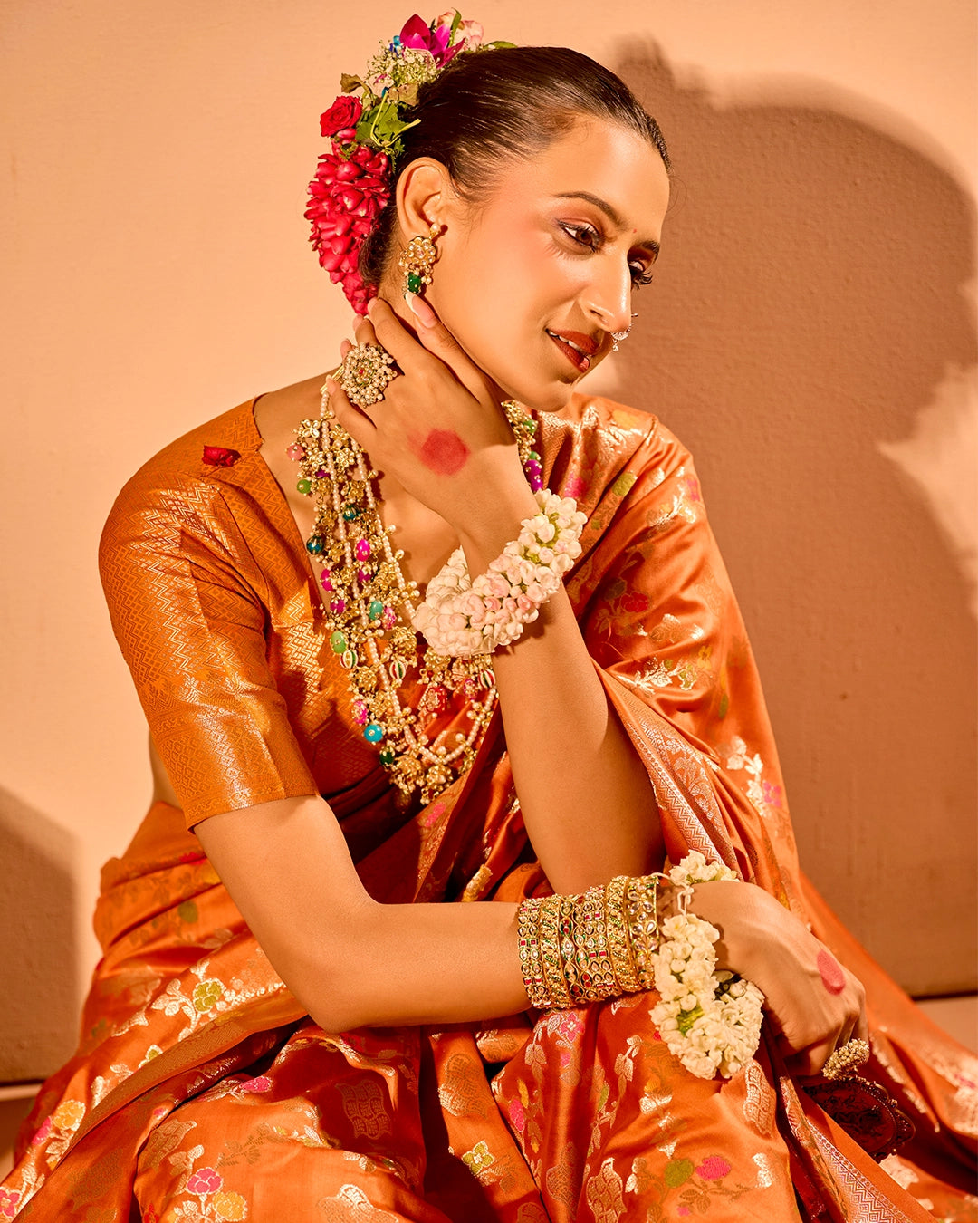 Orange Banarasi Saree with Regal Meenakari Weaves
