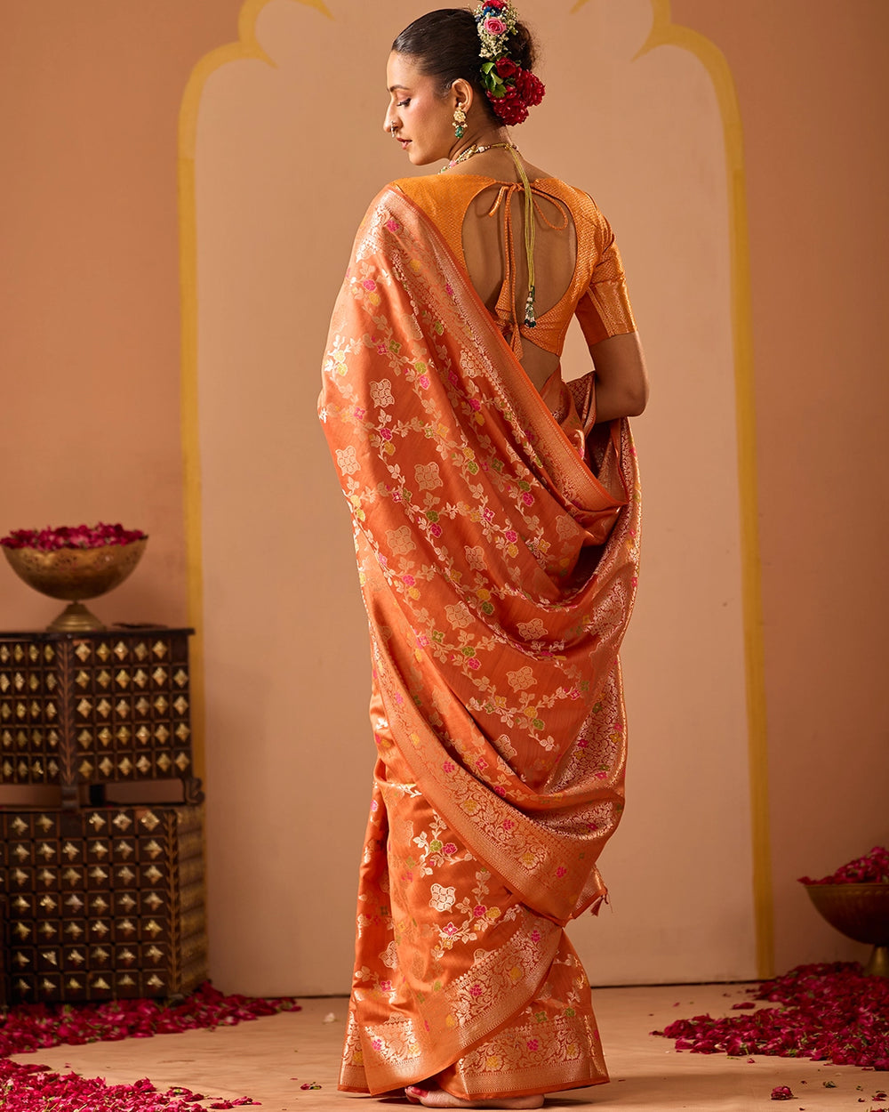 Orange Banarasi Saree with Regal Meenakari Weaves