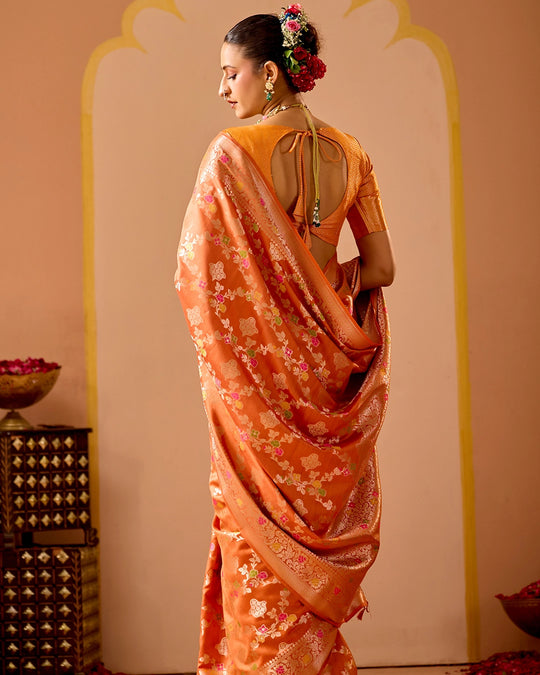 Orange Banarasi Saree with Regal Meenakari Weaves