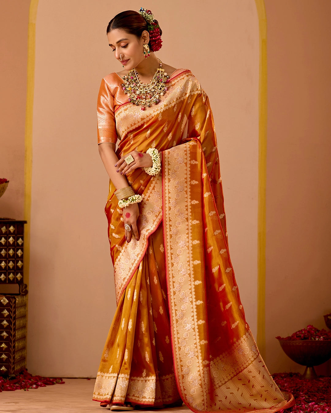 Rust Orange Tissue Saree with Grand Floral Zari Weaves