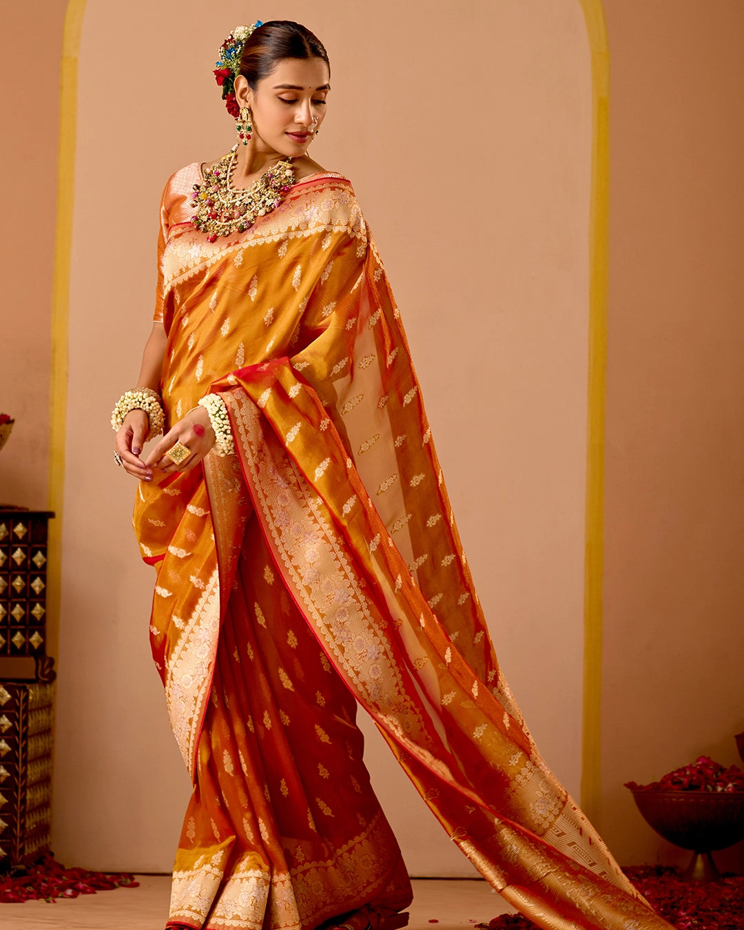Rust Orange Tissue Saree with Grand Floral Zari Weaves