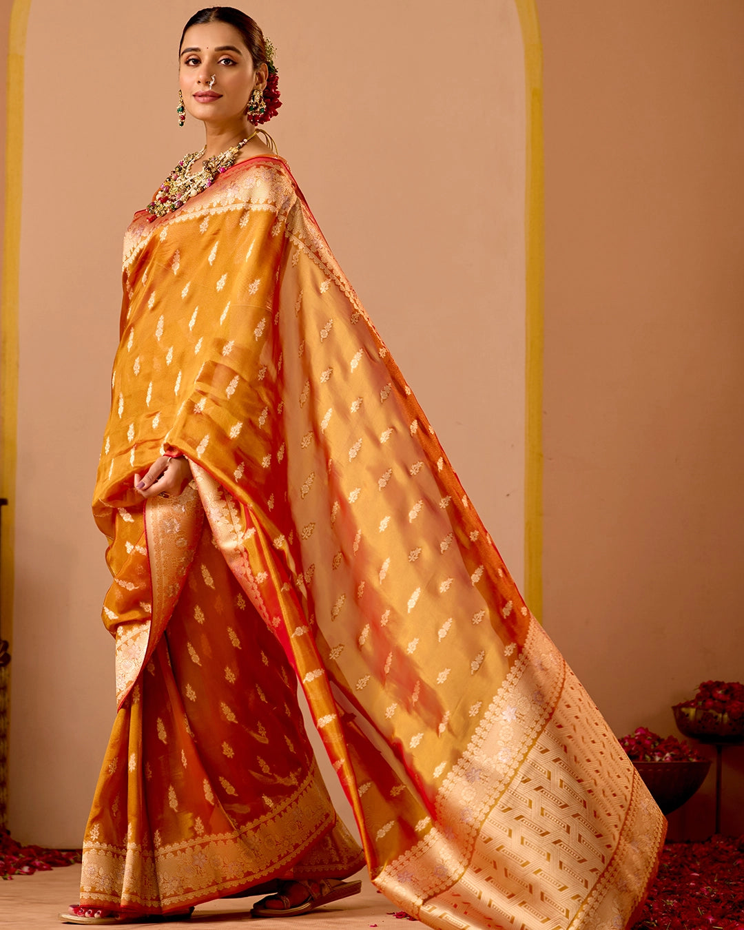 Rust Orange Tissue Saree with Grand Floral Zari Weaves