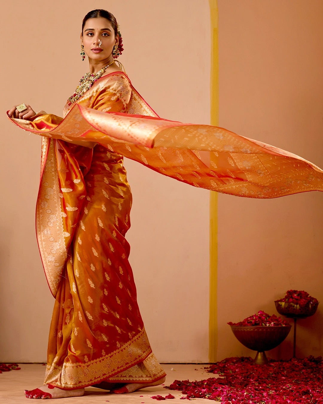 Rust Orange Tissue Saree with Grand Floral Zari Weaves