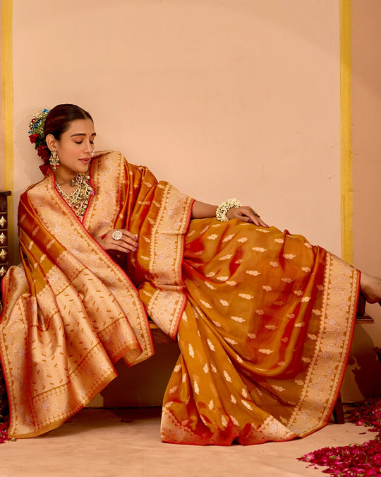 Rust Orange Tissue Saree with Grand Floral Zari Weaves