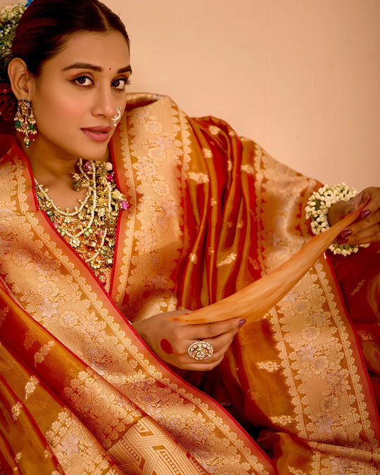 Rust Orange Tissue Saree with Grand Floral Zari Weaves