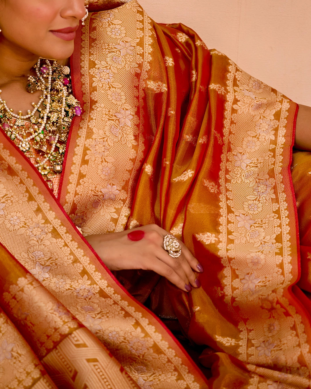 Rust Orange Tissue Saree with Grand Floral Zari Weaves
