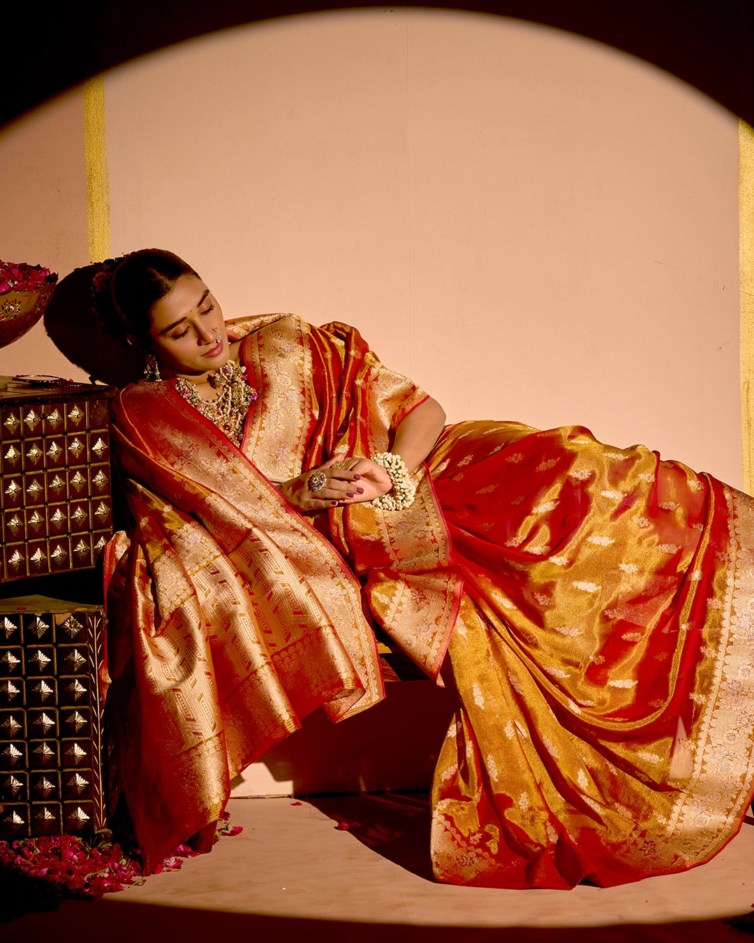 Rust Orange Tissue Saree with Grand Floral Zari Weaves