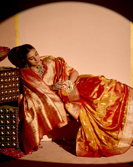Rust Orange Tissue Saree with Grand Floral Zari Weaves