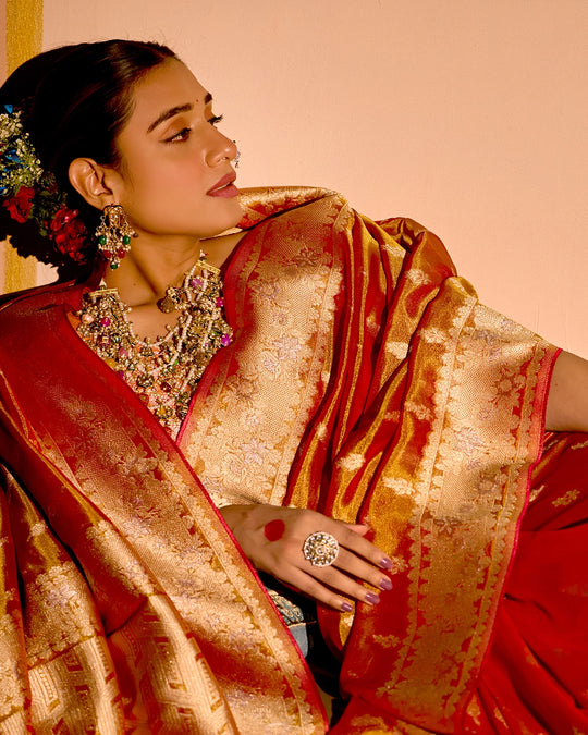 Rust Orange Tissue Saree with Grand Floral Zari Weaves