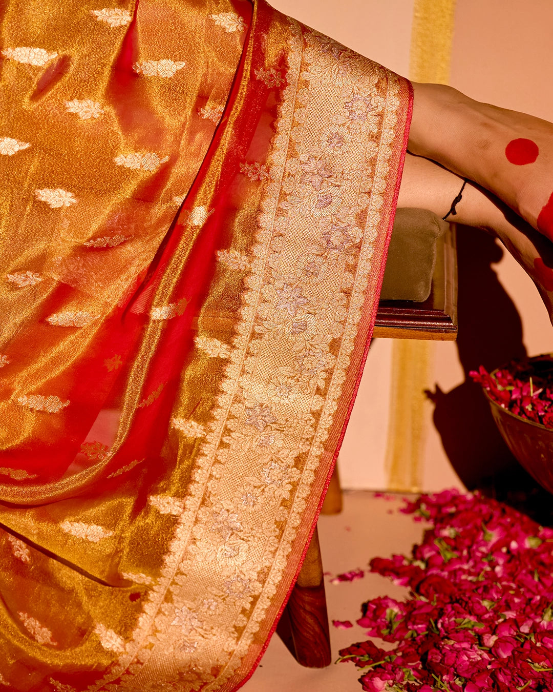 Rust Orange Tissue Saree with Grand Floral Zari Weaves