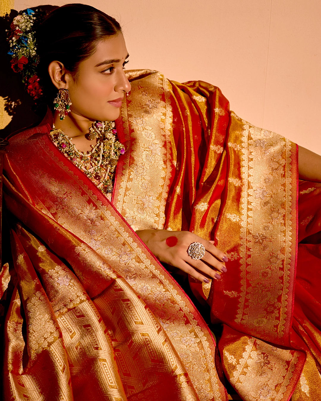 Rust Orange Tissue Saree with Grand Floral Zari Weaves