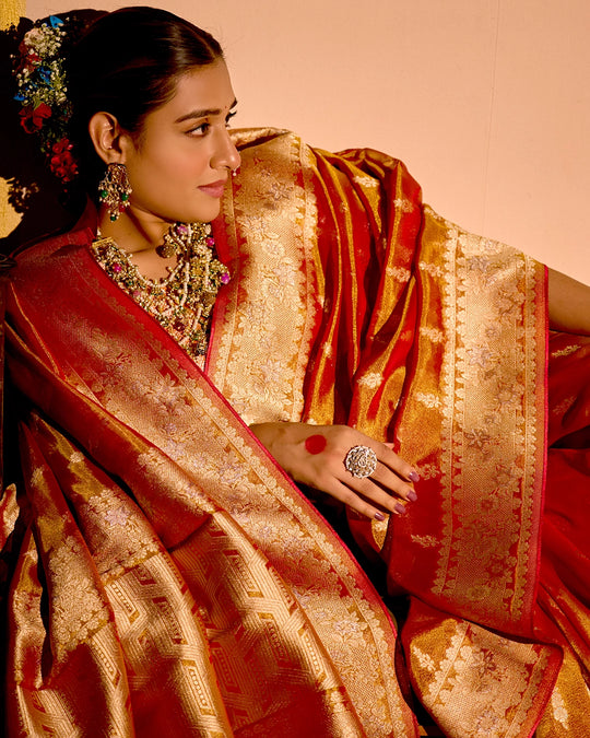 Rust Orange Tissue Saree with Grand Floral Zari Weaves