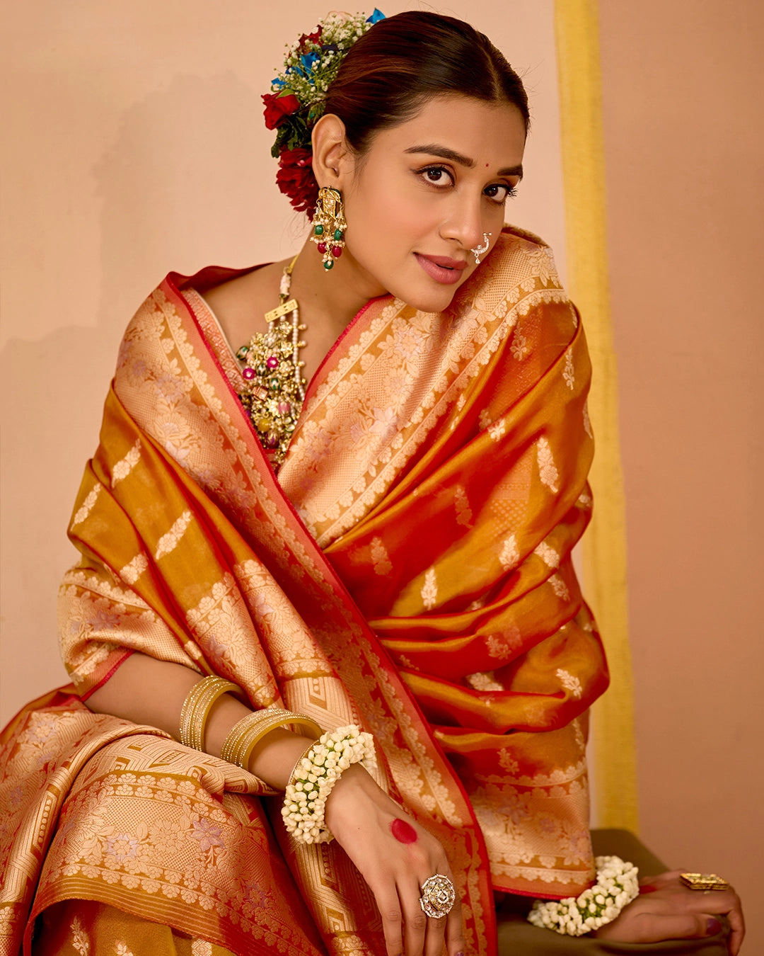 Rust Orange Tissue Saree with Grand Floral Zari Weaves