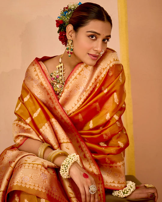 Rust Orange Tissue Saree with Grand Floral Zari Weaves