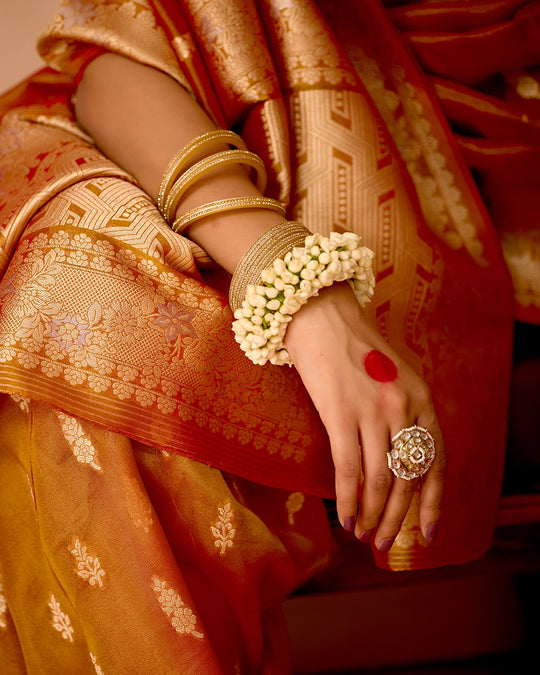 Rust Orange Tissue Saree with Grand Floral Zari Weaves