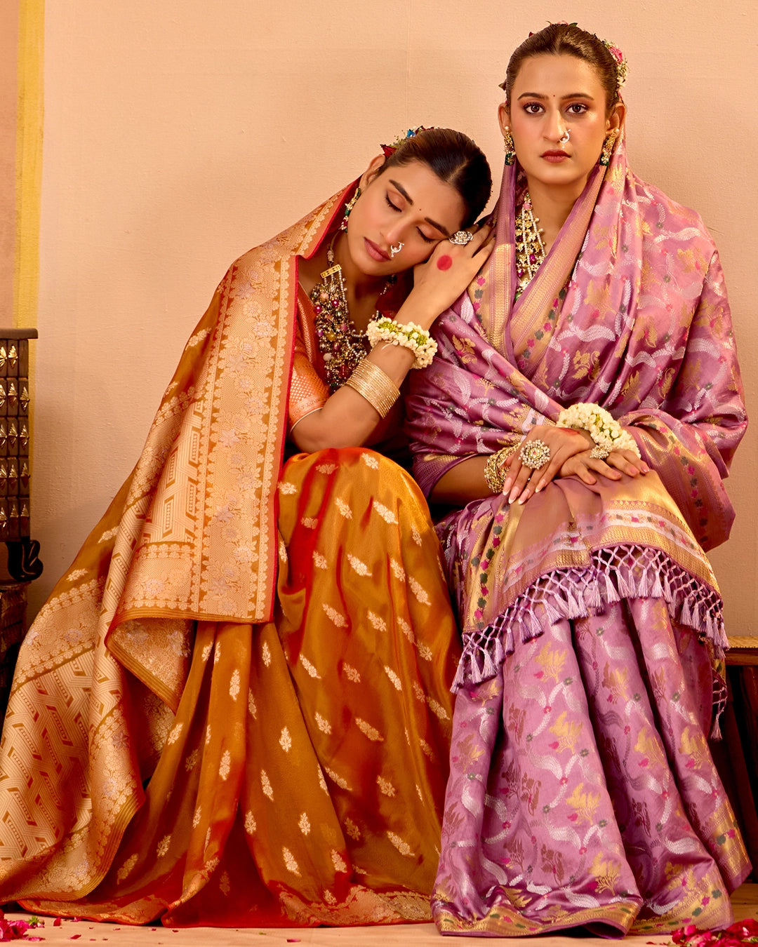Rust Orange Tissue Saree with Grand Floral Zari Weaves