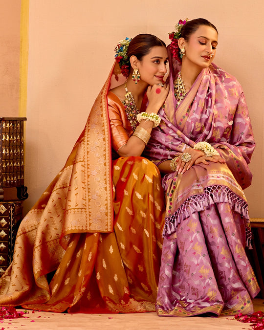 Rust Orange Tissue Saree with Grand Floral Zari Weaves