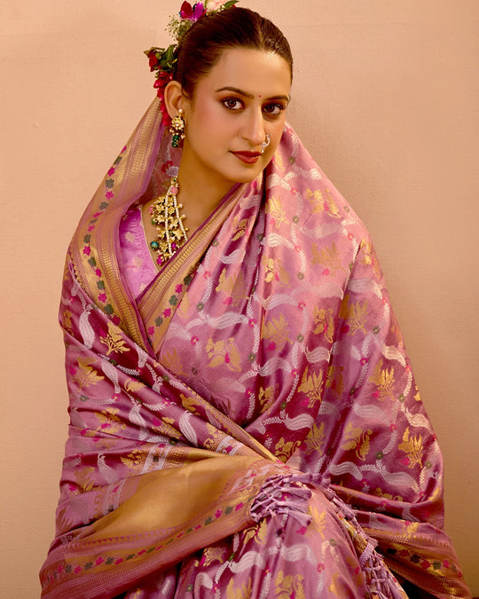 Lilac Banarasi Saree with Grand Floral Sona Roopa Zari Weave