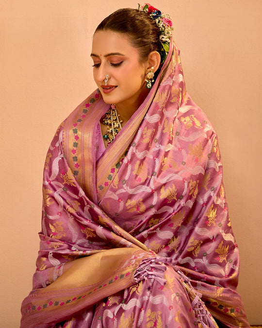 Lilac Banarasi Saree with Grand Floral Sona Roopa Zari Weave