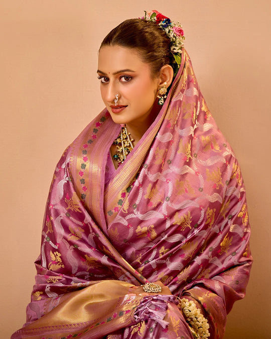 Lilac Banarasi Saree with Grand Floral Sona Roopa Zari Weave