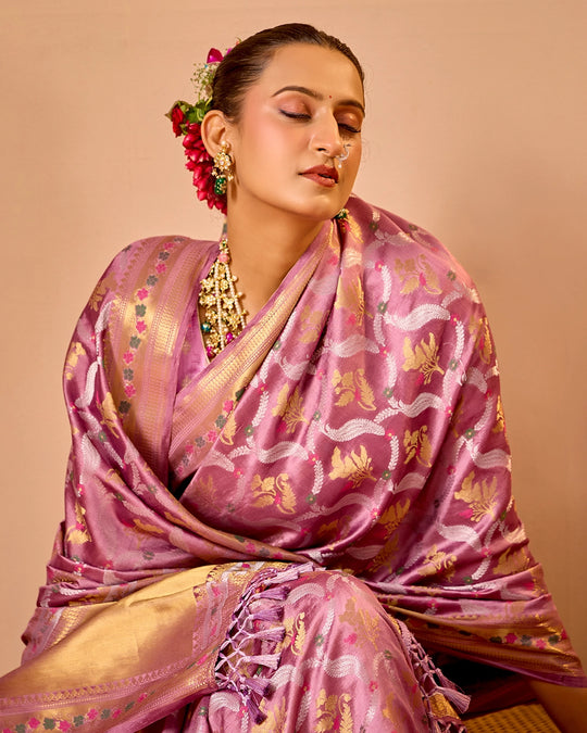 Lilac Banarasi Saree with Grand Floral Sona Roopa Zari Weave