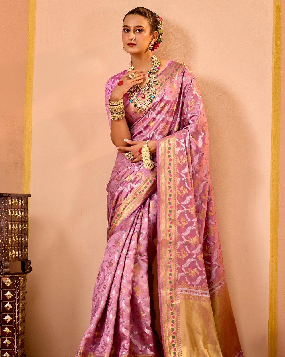 Lilac Banarasi Saree with Grand Floral Sona Roopa Zari Weave