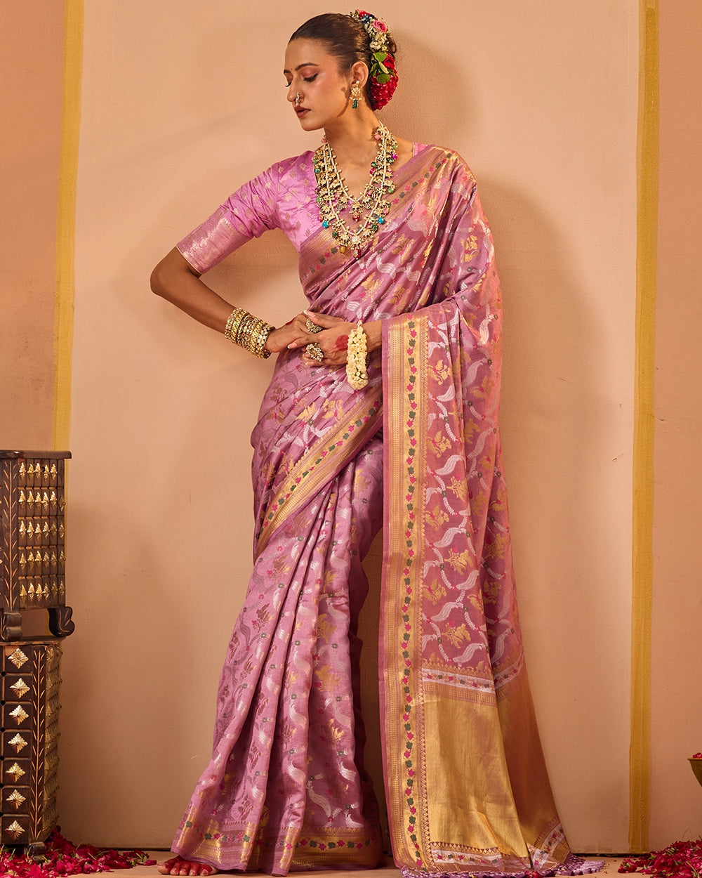 Lilac Banarasi Saree with Grand Floral Sona Roopa Zari Weave