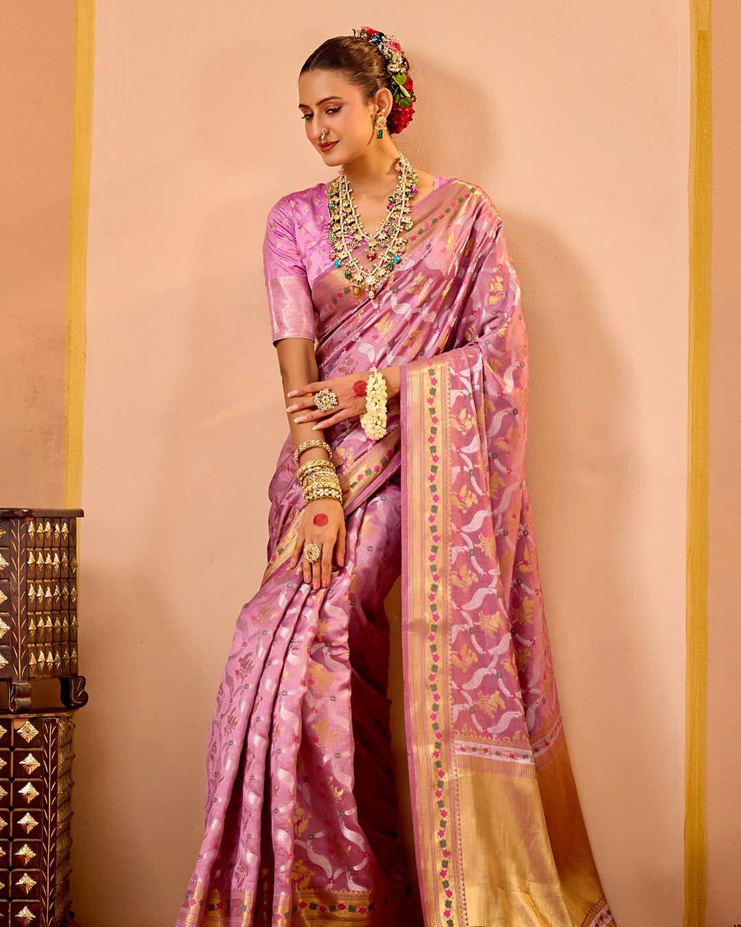 Lilac Banarasi Saree with Grand Floral Sona Roopa Zari Weave