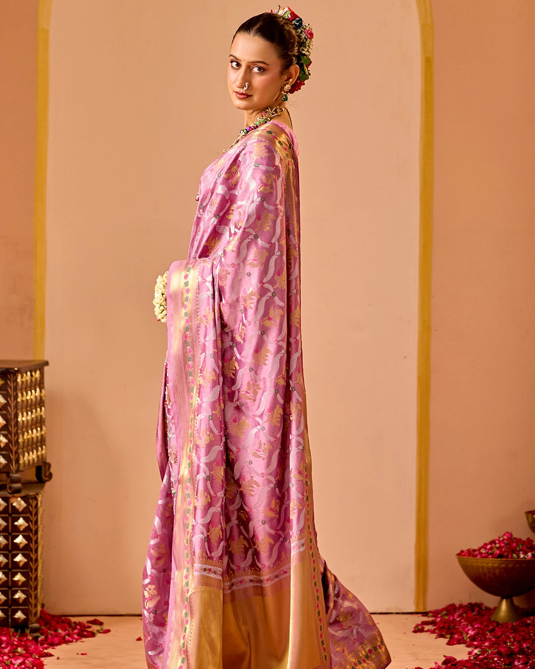 Lilac Banarasi Saree with Grand Floral Sona Roopa Zari Weave
