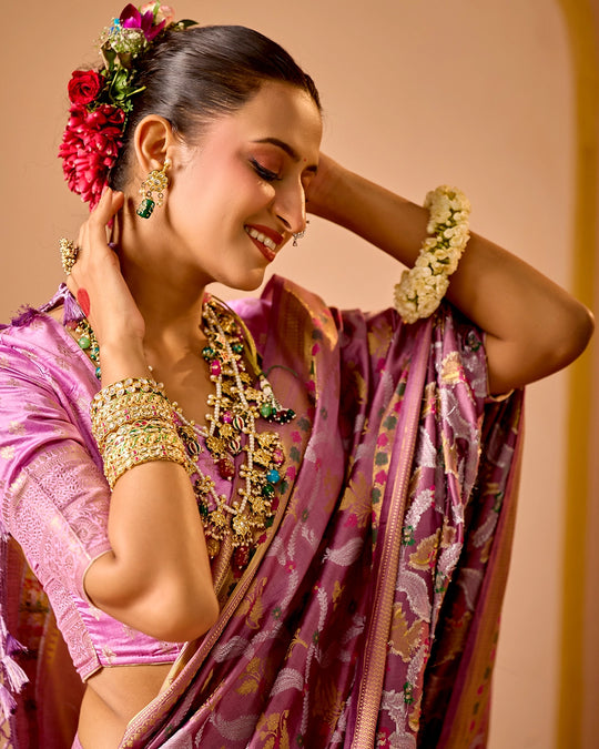 Lilac Banarasi Saree with Grand Floral Sona Roopa Zari Weave