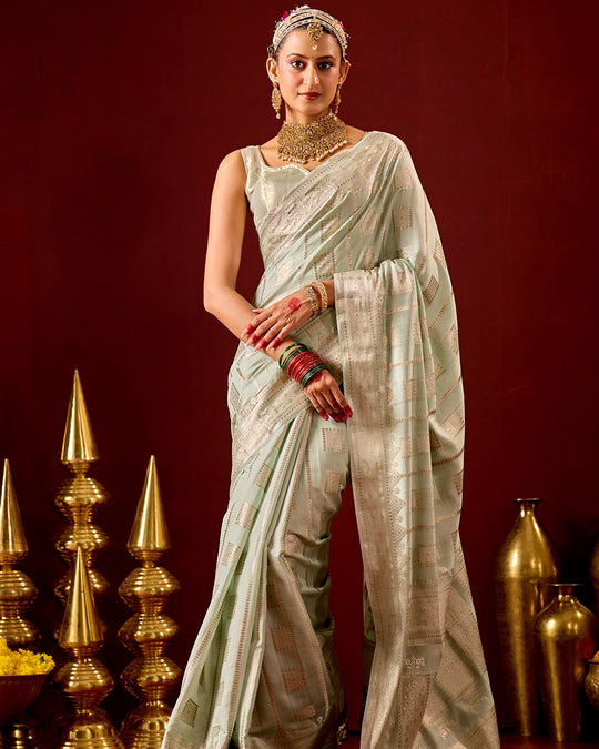 Pistachio Banarasi Saree with Geometric Woven Elegance