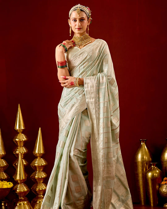 Pistachio Banarasi Saree with Geometric Woven Elegance