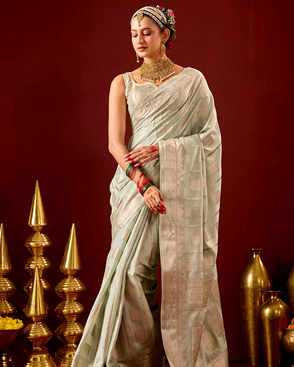 Pistachio Banarasi Saree with Geometric Woven Elegance