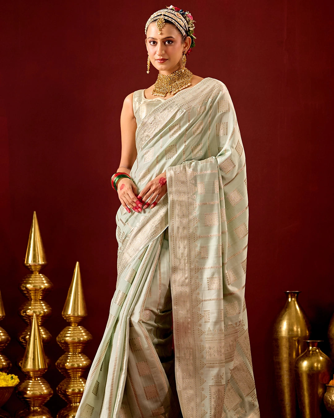 Pistachio Banarasi Saree with Geometric Woven Elegance